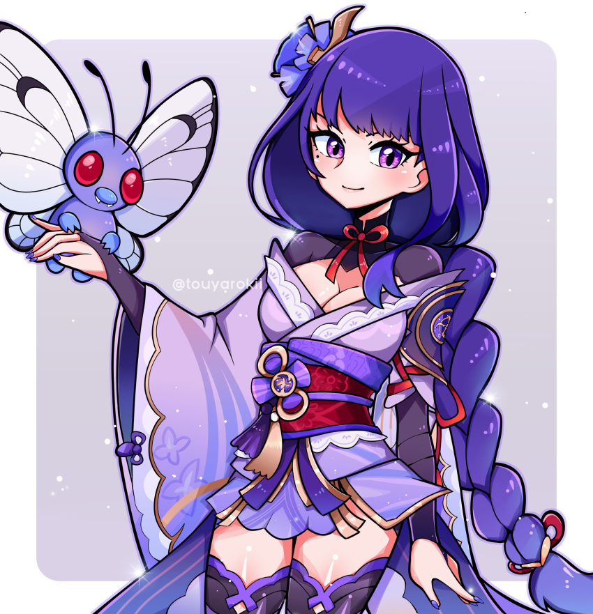 1girl arm_up border breasts bug butterfly butterfree cleavage closed_mouth commentary crossover english_commentary flower genshin_impact hair_flower hair_ornament hand_up highres japanese_clothes kimono long_hair obi obijime outside_border pokemon pokemon_(creature) purple_eyes purple_flower purple_hair raiden_shogun sash smile standing touyarokii twitter_username watermark white_border