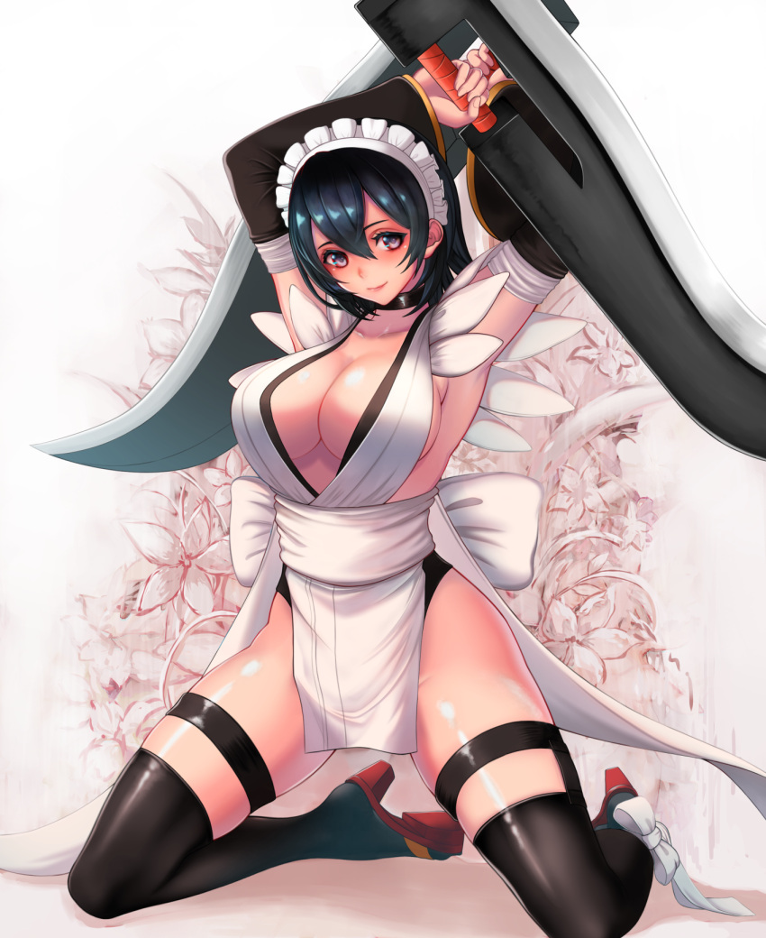 1girl armpits arms_up bangs black_hair black_legwear breasts butterfly_swords choker cleavage closed_mouth collarbone commentary_request fingernails full_body hair_ornament hairclip high_heels highres holding holding_weapon iroha_(samurai_spirits) japanese_clothes kangaruu_(momotk1109) kneeling knife large_breasts lips looking_at_viewer maid maid_headdress ninja pelvic_curtain samurai_spirits sandals shiny shiny_clothes shiny_skin short_hair simple_background smile thighhighs weapon