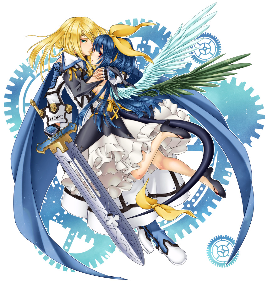 1boy 1girl absurdres angel_wings asymmetrical_wings black_dress blonde_hair blue_eyes blue_hair bow circlet commentary_request couple cross detached_sleeves dizzy_(guilty_gear) dress english_text gears gem guilty_gear guilty_gear_2 hair_bow hetero highres hug huge_weapon husband_and_wife ky_kiske long_hair orippa ponytail red_eyes simple_background sword tail tail_bow tail_ornament weapon white_background wings yellow_bow
