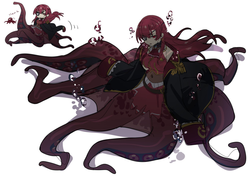 1girl black_choker black_coat black_eyepatch bubble choker coat cropped_jacket eyepatch gold_trim hair_ribbon highres hololive houshou_marine jacket long_hair monster_girl monsterification navel octopus off_shoulder pirate red_eyes red_hair red_jacket red_ribbon ribbon scylla simple_background sleeveless sleeveless_jacket suction_cups tentacles virtual_youtuber yomosaka