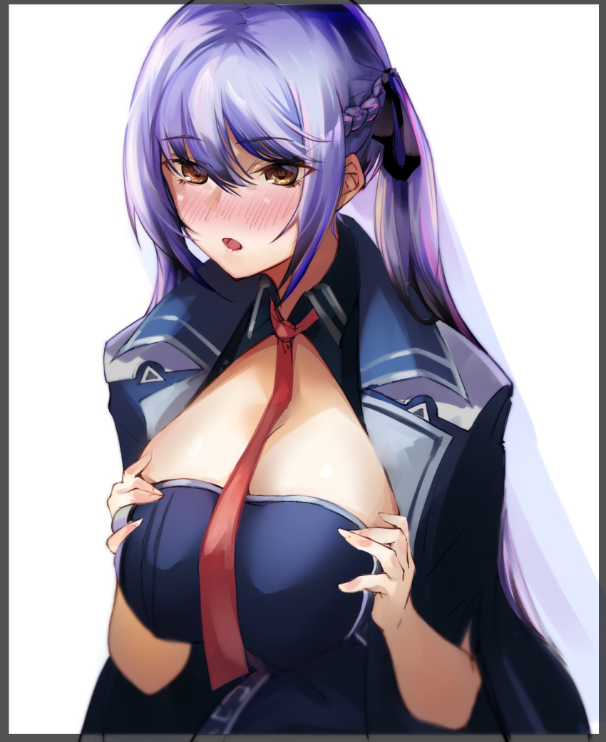 1girl :o azur_lane blush braid breasts brown_eyes commentary_request eichi essex_(azur_lane) eyebrows_visible_through_hair french_braid hair_ribbon hands_on_own_chest highres large_breasts long_hair looking_down necktie open_mouth purple_hair red_necktie ribbon solo twintails uniform upper_body white_background