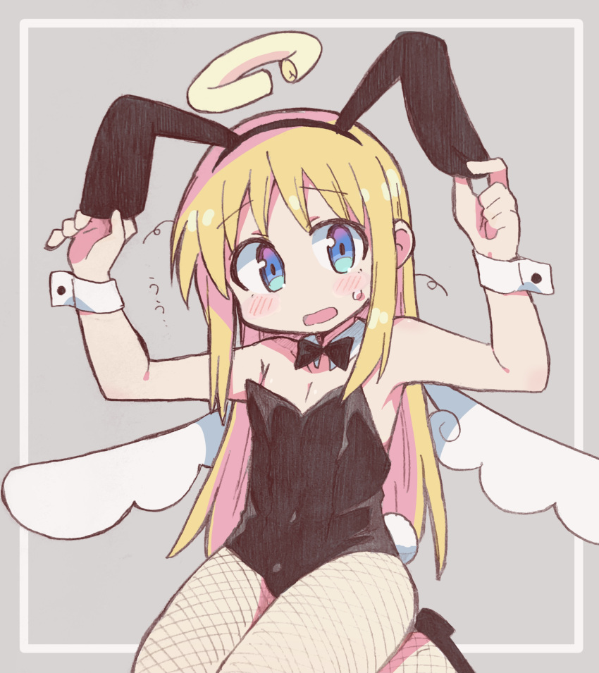 1other absurdres angel angel_wings animal_ears black_leotard blonde_hair blue_eyes blush bulge crimvael detached_collar embarrassed fake_animal_ears fake_tail fishnet_legwear fishnets halo highres ishuzoku_reviewers leotard playboy_bunny rabbit_ears rabbit_tail richard_(richaball) solo sweatdrop tail wings wrist_cuffs