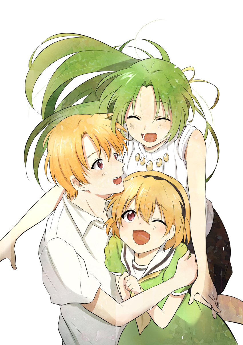 1boy 2girls bangs black_hairband black_skirt blonde_hair blush brother_and_sister closed_eyes collared_shirt commentary_request dress eyebrows_visible_through_hair green_dress green_hair hairband highres higurashi_no_naku_koro_ni houjou_satoko houjou_satoshi jumping long_hair multiple_girls one_eye_closed open_mouth red_eyes shirt short_hair shosudo siblings simple_background skirt smile sonozaki_shion white_background white_shirt