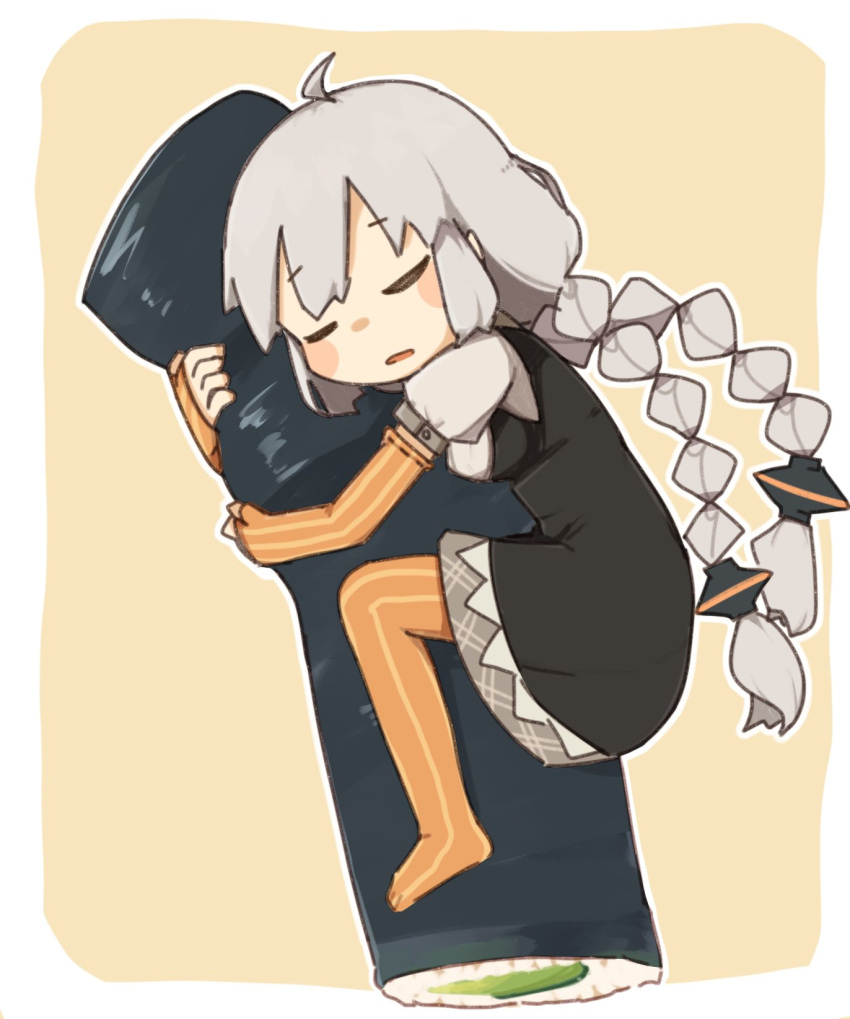 1girl ahoge bangs black_dress braid chibi closed_eyes commentary dress ehoumaki elbow_gloves fingerless_gloves food gloves highres kizuna_akari konohoshi long_hair makizushi object_hug orange_gloves orange_legwear oversized_food puffy_short_sleeves puffy_sleeves shirt short_sleeves sidelocks sleeping solo striped striped_legwear sushi thighhighs twin_braids vertical-striped_legwear vertical_stripes vocaloid voiceroid white_hair white_shirt