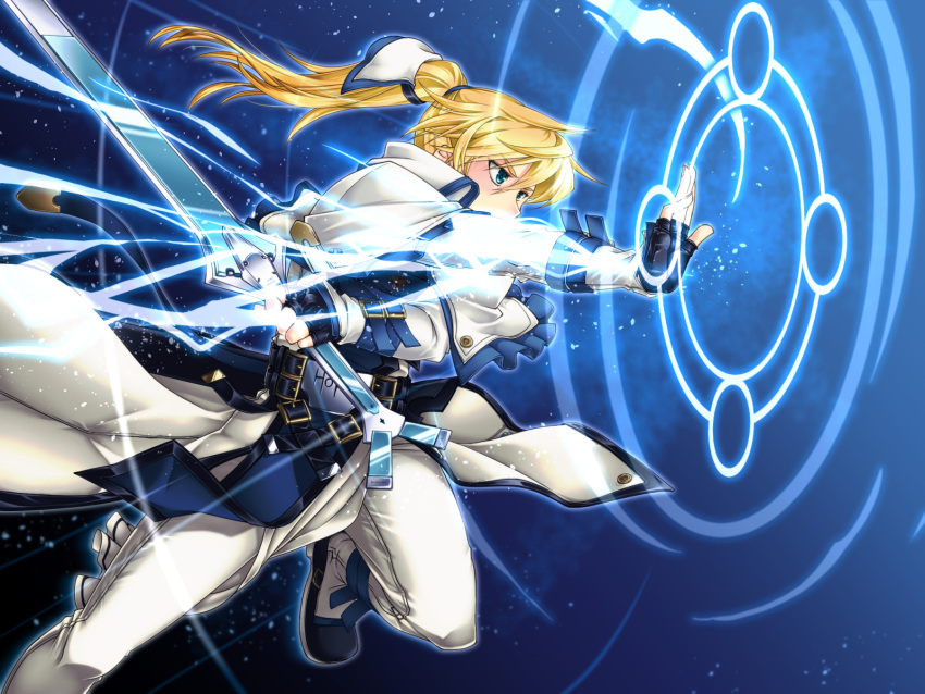 1boy arm_up belt black_background black_gloves blue_eyes commentary_request electricity english_text fighting_stance fingerless_gloves gameplay_mechanics gloves guilty_gear guilty_gear_xrd hair_between_eyes highres huge_weapon ky_kiske lightning long_hair magic magic_circle magnolia_eclair_ii male_focus multiple_belts orippa ponytail serious sword weapon wind