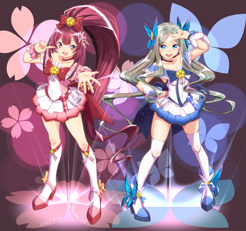 2girls alternate_costume anchor asakaze_(kancolle) blue_background blue_bow blue_choker blue_eyes blue_skirt blush boots bow choker cosplay cure_blossom cure_blossom_(cosplay) cure_marine cure_marine_(cosplay) dated dress eyebrows_visible_through_hair floral_background forehead full_body gift gradient gradient_background hair_bow hair_ornament heartcatch_precure! high_heel_boots high_heels high_ponytail highres kamikaze_(kancolle) kantai_collection kneehighs light_brown_hair long_hair magical_girl moke_ro multiple_girls open_mouth outstretched_arm pink_background pink_choker pink_dress precure purple_bow purple_eyes purple_footwear purple_hair short_sleeves skirt smile thighhighs twitter_username very_long_hair wavy_hair white_dress white_legwear