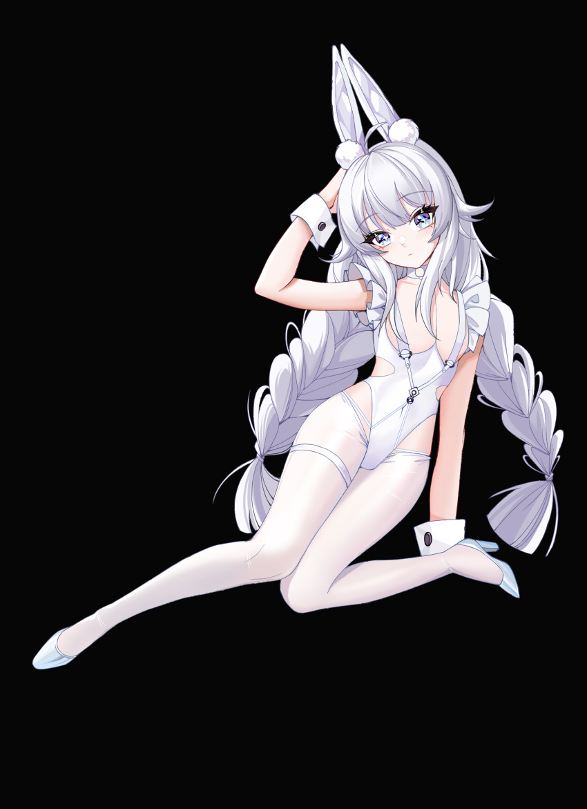 1girl absurdres animal_ear_fluff animal_ears azur_lane black_background braid breasts choker closed_mouth eyebrows_visible_through_hair full_body hair_between_eyes hand_up high_heels highres knees_apart_feet_together le_malin_(azur_lane) le_malin_(listless_lapin)_(azur_lane) long_hair looking_at_viewer loveforever666 official_alternate_costume rabbit_ears simple_background small_breasts solo sparkling_eyes thigh_strap thighhighs twintails white_choker white_legwear wrist_cuffs
