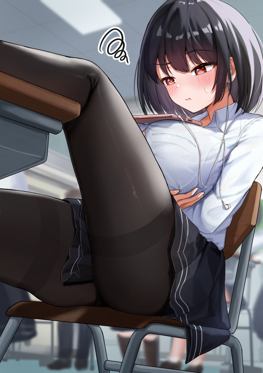 1girl absurdres black_hair black_legwear black_skirt boo_iro bralines breasts chair classroom collared_shirt desk earbuds earphones highres large_breasts long_sleeves miniskirt object_on_breast original pantyhose red_eyes school_chair school_desk school_uniform shirt short_hair sitting skirt solo_focus tablet_pc thighband_pantyhose white_shirt