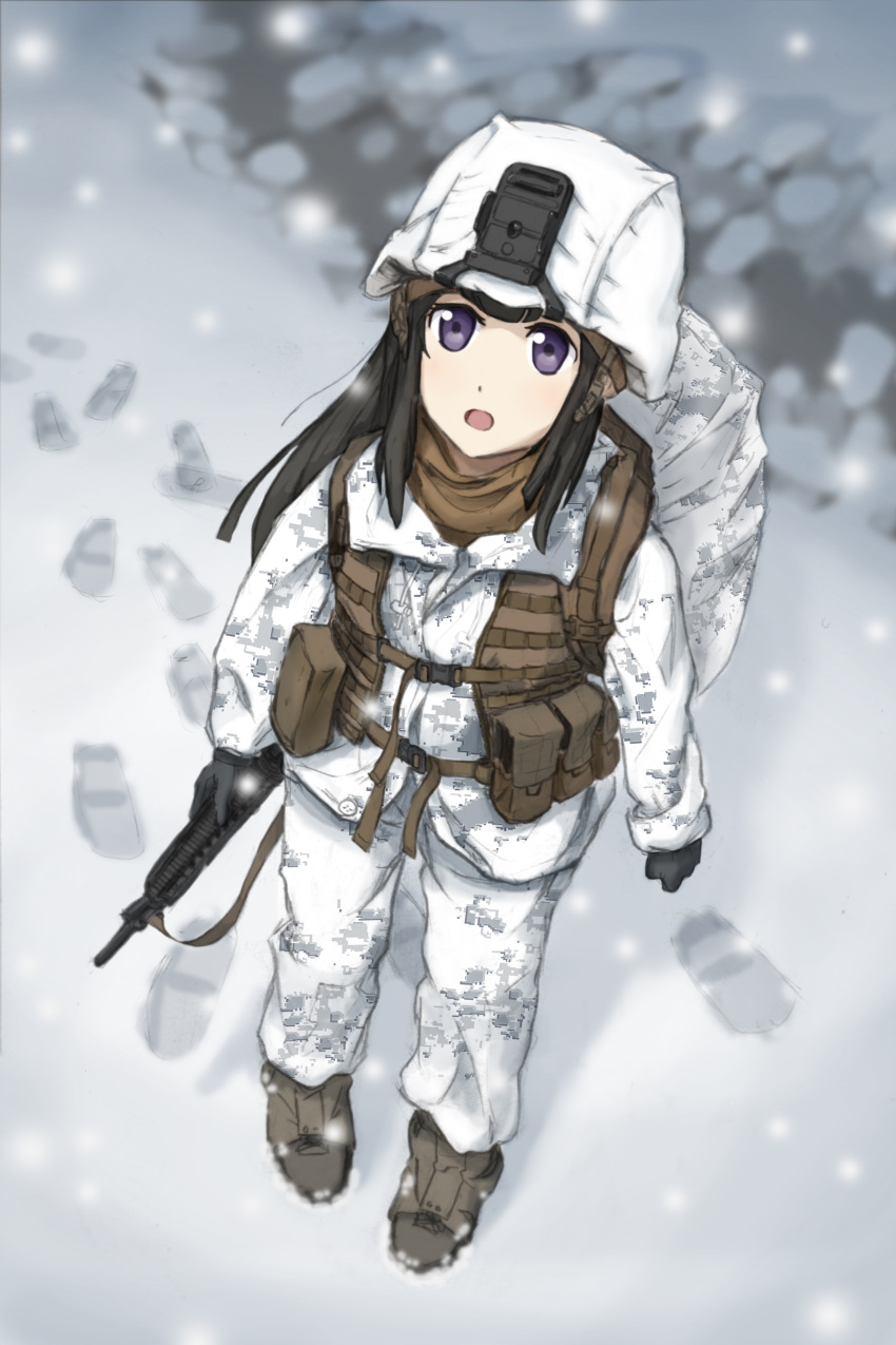 1girl absurdres assault_rifle backpack bag bangs black_hair blunt_bangs boots camouflage footprints gloves gun helmet highres holding holding_gun holding_weapon jacket load_bearing_vest long_hair looking_at_viewer m16 m16a4 magazine_(weapon) military military_uniform open_mouth original pants pouch purple_eyes rifle sling snow snowing standing straight_hair tanto_(tc1995) uniform united_states_marine_corps vest weapon