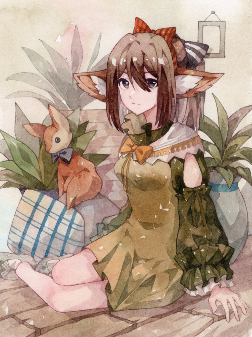 1girl animal animal_ears arknights black_bow black_eyes bow bowtie breasts brown_hair chinese_commentary commentary_request cotayomengmiao detached_sleeves dress fennec_fox fox_ears green_dress green_sleeves hair_between_eyes hair_bow highres medium_breasts official_alternate_costume orange_bow orange_bowtie painting_(medium) perfumer_(arknights) perfumer_(leisurely_afternoon)_(arknights) picture_frame red_bow sidelocks sitting slippers solo traditional_media watercolor_(medium) yokozuwari