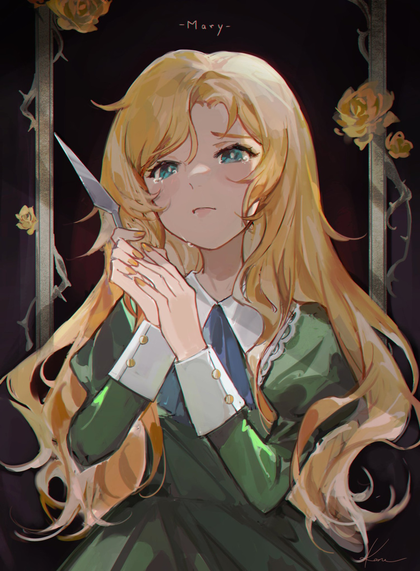 1girl ascot blonde_hair blue_ascot blue_eyes character_name crying dress flower green_dress highres holding ib juliet_sleeves kaneblob long_hair long_sleeves looking_at_viewer mary_(ib) puffy_sleeves rose sleeve_cuffs solo upper_body yellow_flower yellow_rose