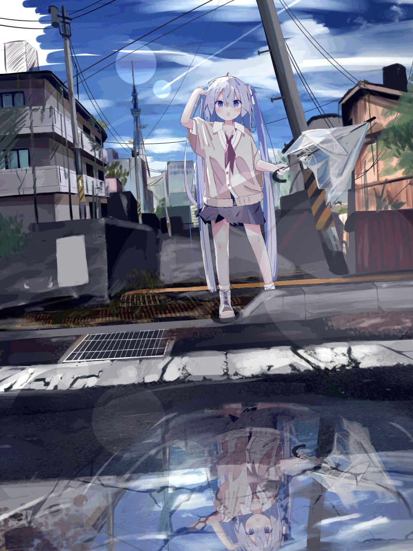 1girl absurdres blue_eyes blue_skirt building cardigan chestnut_mouth city commentary condensation_trail day full_body hand_up hatsune_miku highres holding holding_umbrella lens_flare light_blue_hair light_blush long_hair looking_at_viewer miniskirt neckerchief open_mouth outdoors puddle red_neckerchief reflection road scenery skirt solo standing street syare_0603 tower twintails umbrella utility_pole very_long_hair vocaloid