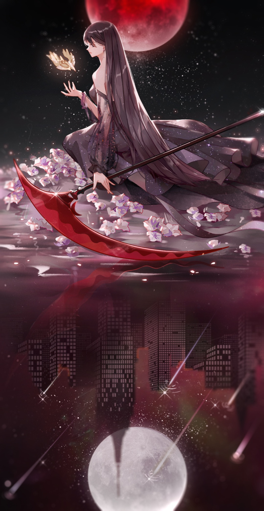 1girl arm_up black_dress black_hair building chinese_commentary commentary_request dark dress earrings erbagongzi evernight_goddess flower goddess highres holding holding_weapon jewelry long_hair looking_to_the_side lord_of_the_mysteries moon night night_sky on_ground red_moon reflection reflective_floor scythe shooting_star sitting sky solo space water weapon