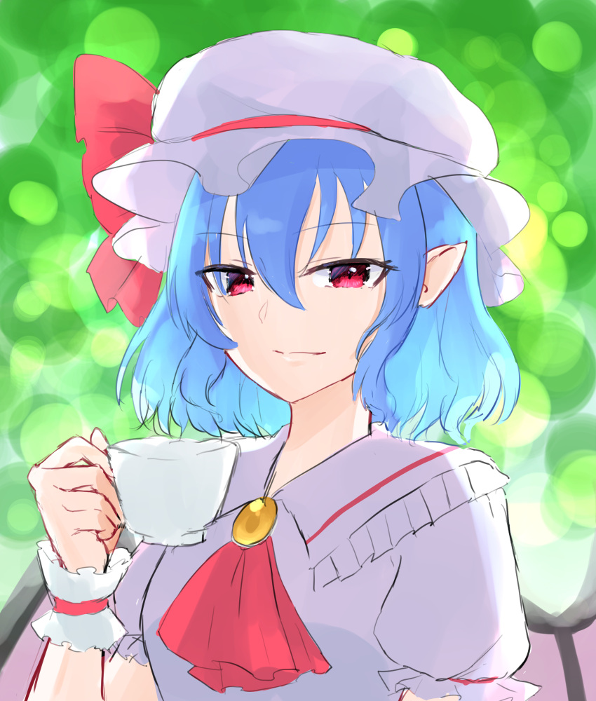1girl ascot bat_wings blue_hair bow brooch cup dress eyebrows_visible_through_hair hat hat_ribbon highres holding holding_cup jewelry looking_at_viewer mob_cap mug nano_popo02 one-hour_drawing_challenge pink_dress pink_headwear pointy_ears red_ascot red_bow red_eyes red_ribbon remilia_scarlet ribbon touhou vampire wings wrist_cuffs