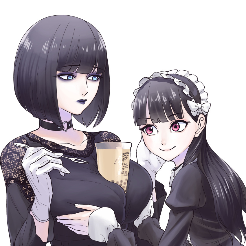 2girls age_difference bangs black_lips blue_eyes bob_cut breast_grab breasts bubble_tea_challenge choker commentary_request eyebrows_visible_through_hair gloves gothic gothic_lolita grabbing highres large_breasts lolita_fashion long_hair multiple_girls original red_eyes satsuki_(notsachiko) short_hair smile white_gloves yuri