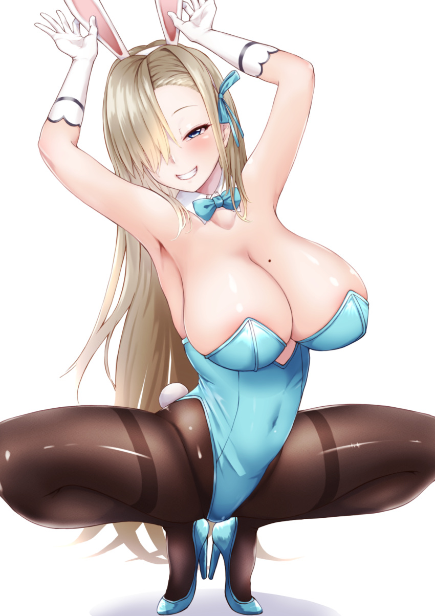 1girl arms_up asuna_(blue_archive) black_legwear blue_archive blue_leotard breasts cleavage elbow_gloves gloves high_heels highres large_breasts leotard m-bon_(karakuriyudo) mole mole_on_breast navel pantyhose playboy_bunny pointy_breasts seductive_smile skin_tight skindentation smile solo spread_legs squatting tiptoes white_gloves