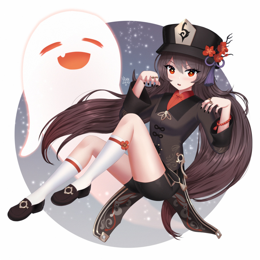 1girl :d bangs black_footwear black_hair black_nails black_shorts chinese_clothes eyebrows_visible_through_hair full_body genshin_impact ghost ghost_pose hair_between_eyes hat hat_feather hat_ornament highres hu_tao_(genshin_impact) jewelry kneehighs long_hair long_sleeves looking_at_viewer open_mouth parted_lips red_eyes ring short_shorts shorts sidelocks signature simple_background sitting smile symbol-shaped_pupils twintails vickie_(cryingrobot) white_background white_legwear
