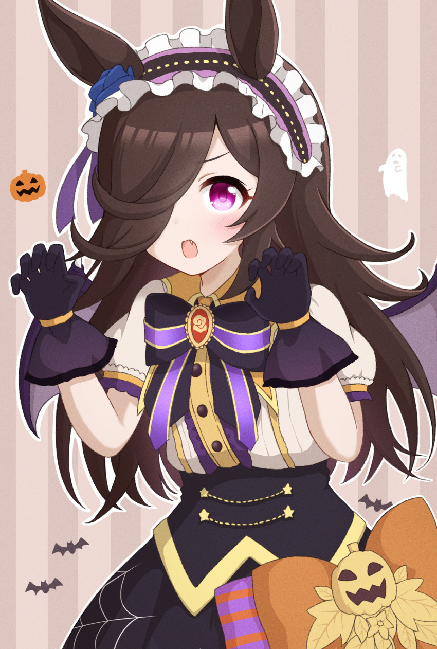 1girl absurdres animal animal_ears bat black_gloves black_skirt blush brown_hair buttons collared_shirt demon_wings fang ghost gloves hair_over_one_eye halloween halloween_costume highres hokutoro64 horse_ears horse_girl long_hair make_up_in_halloween!_(umamusume) official_alternate_costume open_mouth puffy_short_sleeves puffy_sleeves purple_eyes rice_shower_(umamusume) shirt short_sleeves skirt solo striped striped_background umamusume white_shirt wings