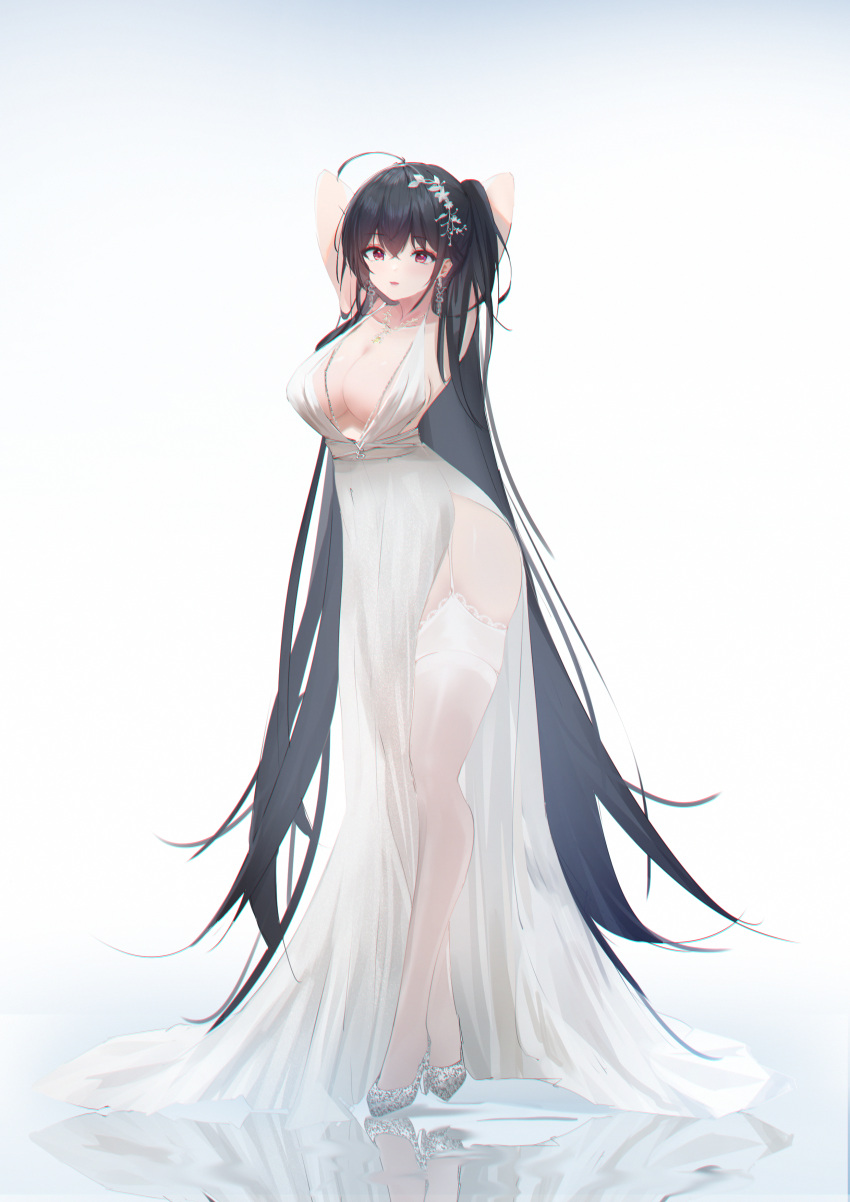 1girl absurdres arms_behind_head azur_lane black_hair breasts center_opening cleavage dress evening_gown full_body garter_straps hair_ornament halter_dress halterneck high_heels highres large_breasts long_dress long_hair looking_at_viewer official_alternate_costume purple_eyes reflection see-through_dress side_slit simple_background sleeveless sleeveless_dress solo taihou_(azur_lane) taihou_(temptation_on_the_sea_breeze)_(azur_lane) thighhighs usagi_(786113654) very_long_hair wedding_dress white_background white_footwear white_legwear