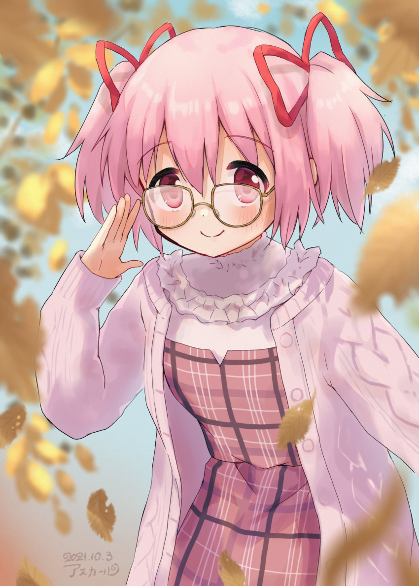 1girl adjusting_eyewear alternate_costume asukaru_(magika_ru) bespectacled blue_background blurry blush cardigan dated depth_of_field dress glasses hair_between_eyes hair_ribbon hand_up highres kaname_madoka leaf looking_at_viewer mahou_shoujo_madoka_magica obscured open_cardigan open_clothes outstretched_arms pink_cardigan pink_dress pink_eyes pink_hair plaid plaid_dress red_ribbon ribbon short_twintails smile solo twintails upper_body yellow_leaves