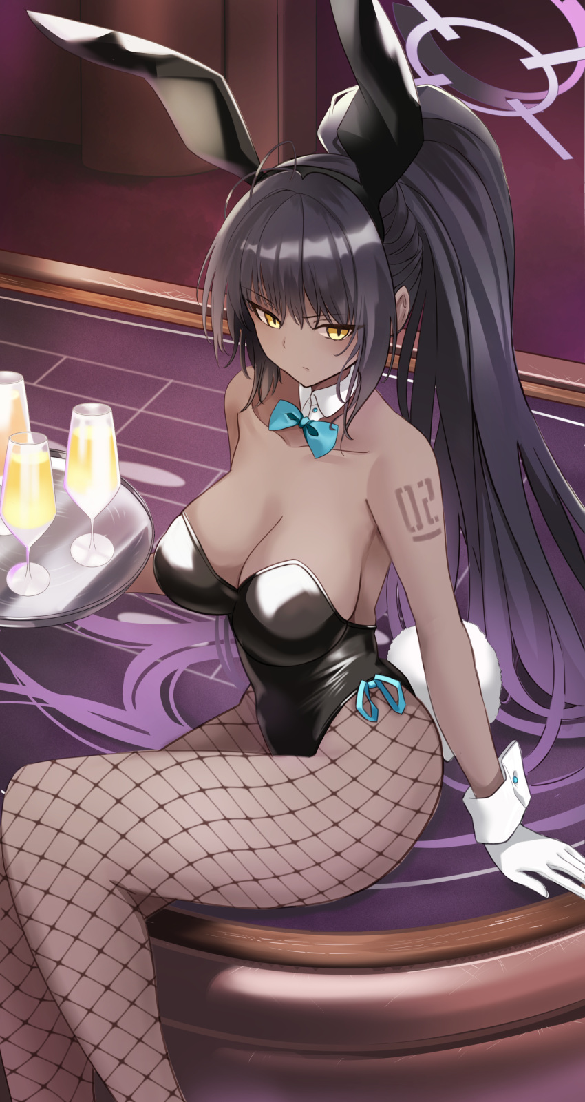 1girl absurdres animal_ears bangs bare_shoulders black_leotard blue_archive blush breasts cleavage collarbone cup dark-skinned_female dark_skin detached_collar drinking_glass fake_animal_ears fishnet_legwear fishnets gloves halo highleg highleg_leotard highres karin_(blue_archive) large_breasts leotard long_hair looking_at_viewer manjirou_(manji_illust) number_tattoo playboy_bunny ponytail rabbit_ears rabbit_tail shoulder_tattoo sitting solo tail tattoo thighs tray white_gloves wrist_cuffs yellow_eyes