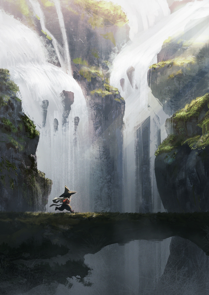 1girl absurdres cliff commentary_request couldoh foliage hagoromo hat highres japanese_clothes kimono outdoors red_kimono rice_hat running sakuna-hime scenery shawl solo sunlight tensui_no_sakuna-hime water waterfall