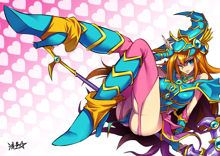 1girl armor blue_dress blue_eyes blue_footwear blue_headwear blush_stickers boots breasts detached_sleeves dress duel_monster fingernails garter_straps hair_between_eyes hand_to_head hand_up hat heart heart_background high_heel_boots high_heels highres large_breasts leg_up long_hair looking_at_viewer magician's_valkyria one_eye_closed orange_hair parted_lips pauldrons pink_legwear reclining red_nails ryuusei_(mark_ii) shoulder_armor signature smile solo staff thighhighs wizard_hat yu-gi-oh!