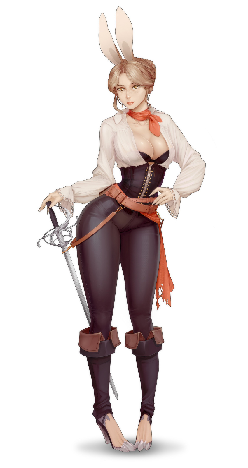 1girl absurdres animal_ears ascot bandana barefoot black_bra blonde_hair bra braid braided_bun breasts cleavage closed_mouth commission contrapposto corset final_fantasy final_fantasy_xii fingernails freckles full_body hair_bun hand_on_hip high_heels highres holding holding_sword holding_weapon large_breasts light_smile lips long_sleeves looking_at_viewer materclaws open_clothes open_shirt original pants photoshop_(medium) rabbit_ears rabbit_girl rapier sharp_fingernails shirt simple_background skin_tight smile solo standing sword tight tight_pants underbust underwear viera weapon white_background white_nails white_shirt yellow_eyes