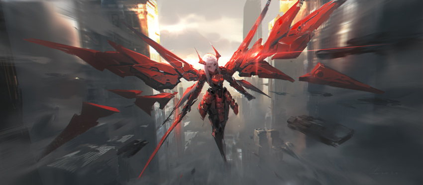 1girl absurdres armor bangs blonde_hair bodysuit building chinese_commentary city cloud cloudy_sky duel_monster flying highres holding holding_sword holding_weapon leo-dont-want-to-be-a-painter long_hair sky sky_striker_ace_-_kagari sky_striker_ace_-_raye solo sword weapon wings yu-gi-oh!