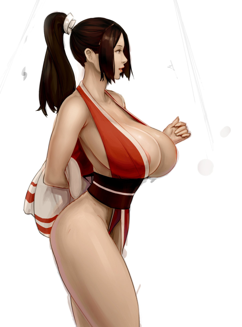 1girl absurdres areola_slip areolae arm_behind_back bare_shoulders black_sash breasts brown_eyes brown_hair commentary dress english_commentary fatal_fury from_side hand_up highres holding holding_sash huge_breasts lipstick looking_ahead makeup materclaws ninja no_bra no_panties obi ponytail profile red_dress red_lips revealing_clothes sash shiranui_mai smile solo standing the_king_of_fighters