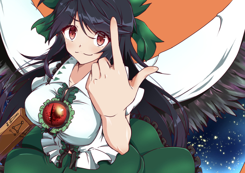 1girl absurdres arm_cannon bangs bird_wings black_hair black_wings blouse bow breasts brown_eyes cape center_frills closed_mouth collared_blouse commentary_request control_rod cowboy_shot eyebrows_visible_through_hair frilled_skirt frills green_bow green_skirt hair_bow highres large_breasts long_hair looking_at_viewer pointing pointing_up puffy_short_sleeves puffy_sleeves reiuji_utsuho short_sleeves skirt smile solo starry_sky_print takuman135 third_eye touhou weapon white_blouse white_cape wings