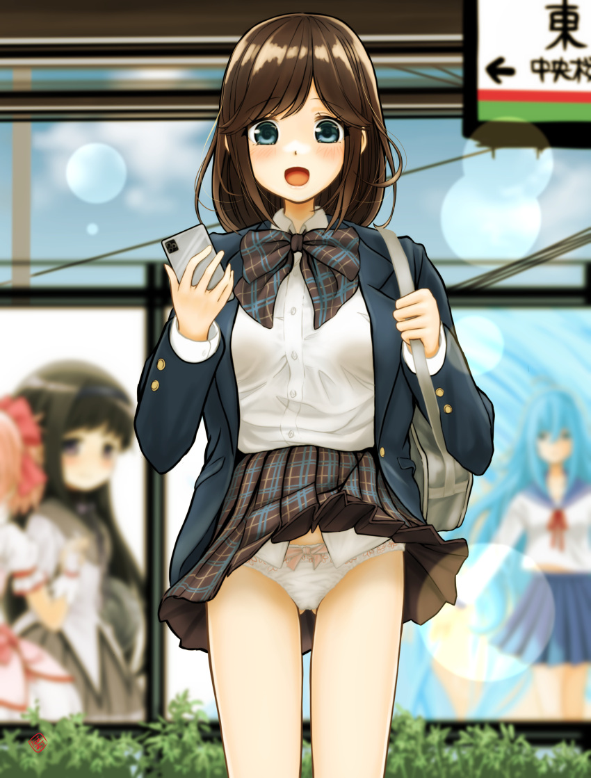 :d absurdres akemi_homura ass_visible_through_thighs bag bangs blue-framed_eyewear blue_eyes blue_skirt blurry blurry_background blush bokeh bow bow_panties bowtie breasts brown_bow brown_bowtie brown_hair brown_skirt bush cameo cellphone cellphone_picture clothes_lift commentary_request cowboy_shot depth_of_field grey_bag hair_strand highres holding holding_phone jacket kaname_madoka large_breasts looking_at_viewer mahou_shoujo_madoka_magica medium_hair miniskirt nao_suke open_mouth original panties pantyshot phone pink_bow plaid plaid_bow plaid_neckwear plaid_skirt pleated_skirt poster_(object) school_bag school_uniform sign skirt skirt_lift smartphone smile solo_focus standing train_station_platform underwear uniform white_panties wind wind_lift