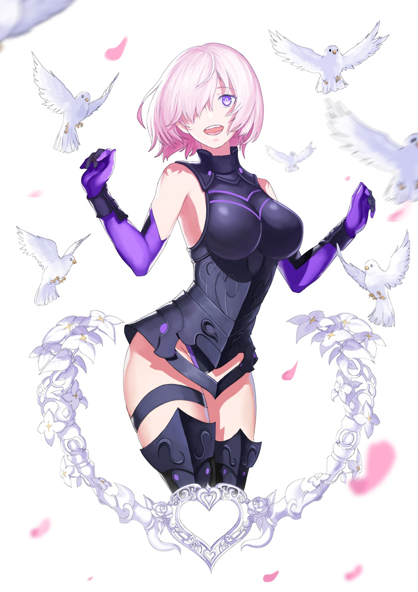 1girl 2r-_(pixiv8168114) armor bare_shoulders bird blurry breasts chinese_commentary curled_fingers dove elbow_gloves fate/grand_order fate_(series) flower gauntlets gloves hair_over_one_eye hand_up happy heart highres mash_kyrielight medium_hair one_eye_covered open_mouth petals pink_hair purple_eyes rose simple_background solo teeth thigh_strap thighs tongue upper_teeth white_background white_bird white_flower white_lily white_rose