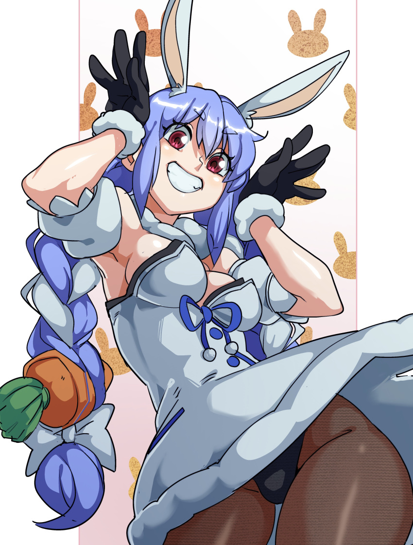 1girl absurdres animal_ears animal_print armpits blue_hair blush braid breasts bunny_print carrot_hair_ornament cowboy_shot eyebrows_visible_through_hair food-themed_hair_ornament fur-trimmed_gloves fur_trim gloves hair_ornament highres hololive looking_at_viewer multicolored_hair nisego pantyhose pink_eyes puffy_short_sleeves puffy_sleeves rabbit_ears rabbit_girl short_sleeves sideboob smile solo thick_eyebrows twin_braids two-tone_hair usada_pekora virtual_youtuber white_hair