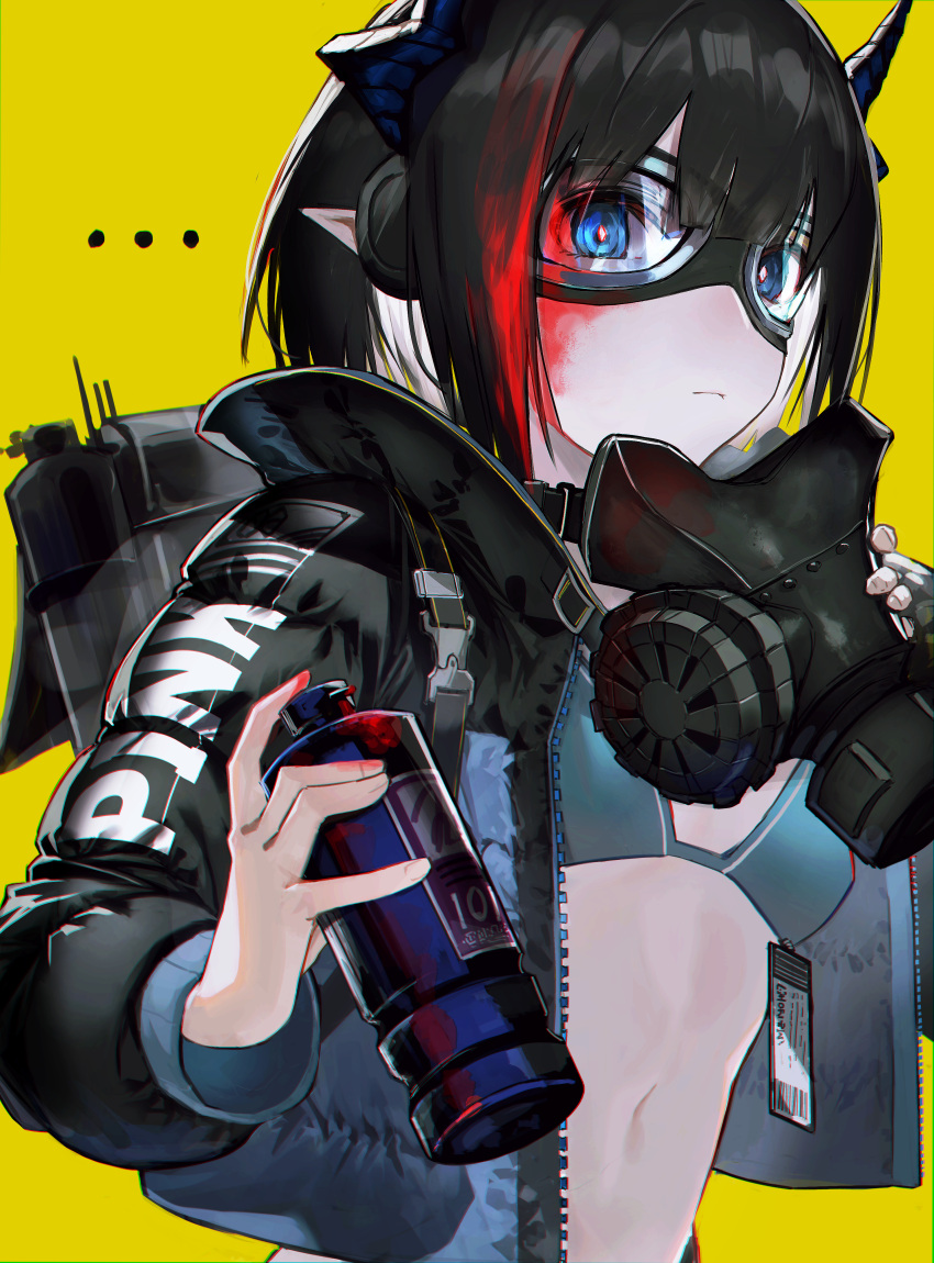 ... 1girl absurdres black_coat black_hair blue_eyes breasts closed_mouth coat commentary english_commentary goggles highres holding holding_mask horns karasuro long_sleeves looking_at_viewer mask navel original pointy_ears respirator short_hair simple_background small_breasts snap-fit_buckle solo spray_can swimsuit upper_body yellow_background