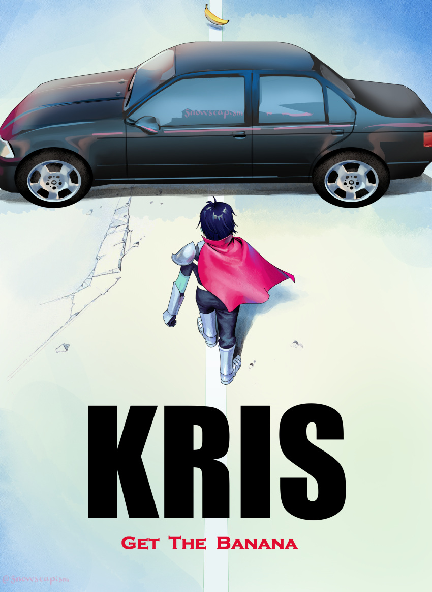 1other absurdres akira artist_name back banana blue_skin cape car colored_skin commentary cracked_floor deltarune english_commentary english_text floating_cape food fruit ground_vehicle highres kris_(deltarune) motor_vehicle parody scarf snowscapism