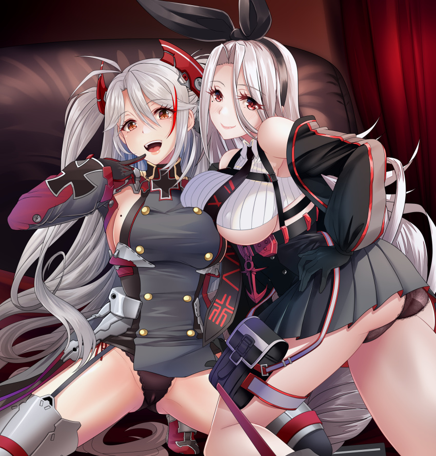 2girls absurdly_long_hair ass azur_lane black_gloves black_necktie black_panties black_sleeves breasts buttons crop_top detached_sleeves double-breasted eyes_visible_through_hair finger_to_mouth garter_straps gloves hair_between_eyes hair_ribbon high-waist_skirt highres indoors iron_blood_(emblem) kogarasu1st lace-trimmed_panties lace_trim large_breasts long_hair looking_at_viewer looking_back md5_mismatch mole mole_on_breast multicolored_hair multiple_girls necktie open_mouth panties pleated_skirt prinz_eugen_(azur_lane) prinz_heinrich_(azur_lane) red_eyes red_gloves red_hair resolution_mismatch ribbed_shirt ribbon shirt side-tie_panties sideboob sitting skirt source_smaller streaked_hair teeth thighhighs two-tone_gloves two-tone_hair underboob underwear upper_teeth very_long_hair white_hair