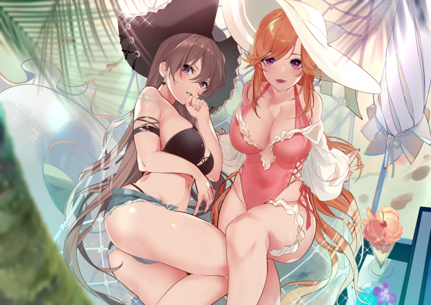 2girls ann_(ann58533111) arm_strap ass azur_lane backless_swimsuit beach_umbrella bikini breasts brown_bikini brown_hair criss-cross_halter crossed_legs cutoff_jeans cutoffs feet_out_of_frame frilled_swimsuit frills from_above halterneck hammock hat highleg highleg_bikini innertube jean_bart_(azur_lane) jean_bart_(private_apres_midi)_(azur_lane) large_breasts long_hair looking_at_viewer looking_up medium_breasts micro_shorts multiple_girls multiple_straps official_alternate_costume one-piece_swimsuit open_clothes open_shorts orange_hair outdoors parfait pink_swimsuit pirate_hat purple_eyes richelieu_(azur_lane) richelieu_(fleuron_of_the_waves)_(azur_lane) shorts side-tie_swimsuit summer sun_hat swimsuit umbrella very_long_hair white_headwear white_innertube