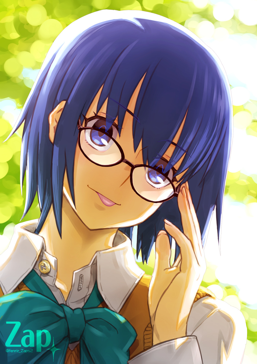 1girl absurdres adjusting_eyewear artist_name bangs black-framed_eyewear blue_eyes blue_hair bow bowtie buttons ciel_(tsukihime) closed_mouth collared_shirt commentary eyebrows_visible_through_hair fingernails glasses green_bow green_bowtie hair_between_eyes head_tilt highres long_sleeves looking_at_viewer school_uniform shirt short_hair solo tongue tongue_out tsukihime tsukihime_(remake) twitter_username uniform upper_body vest white_shirt yellow_vest zap