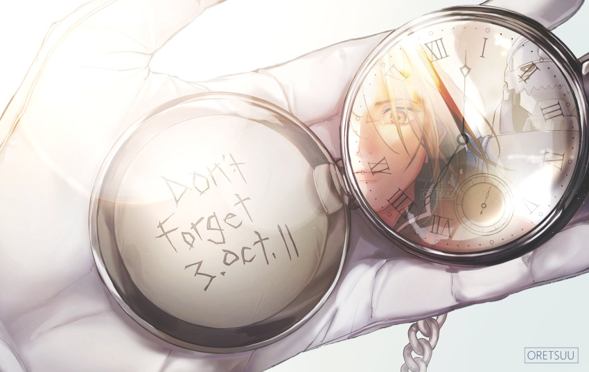 2boys absurdres alphonse_elric armor blonde_hair brothers commentary edward_elric english_commentary fullmetal_alchemist gloves highres looking_at_viewer multiple_boys oretsuu pocket_watch pov reflection siblings simple_background watch white_background white_gloves yellow_eyes