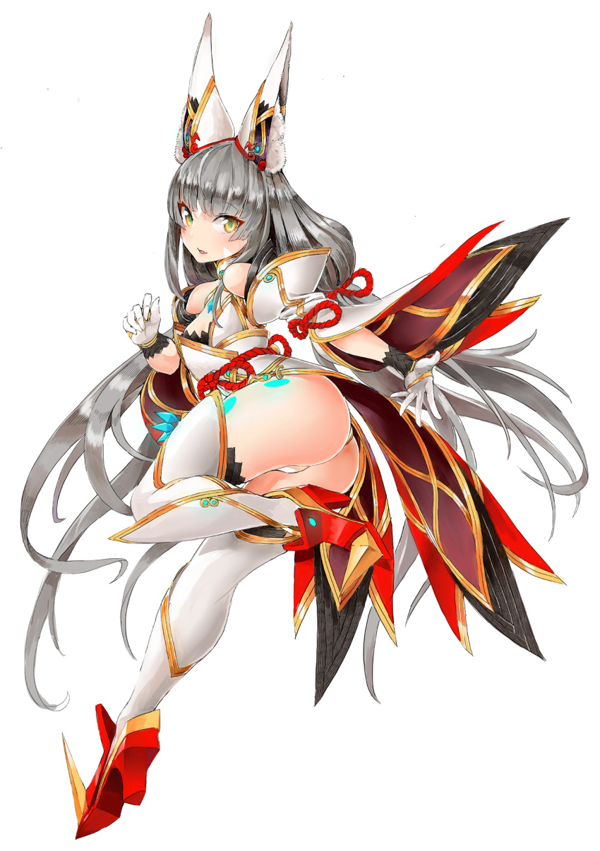 1girl animal_ears bangs blunt_bangs breasts cat_ears detached_sleeves facial_mark gloves highleg highleg_leotard highres leotard long_hair low_twintails nia_(blade)_(xenoblade) nia_(xenoblade) revision silver_hair small_breasts solo spoilers thighhighs tim_(a9243190a) twintails very_long_hair xenoblade_chronicles_(series) xenoblade_chronicles_2 yellow_eyes
