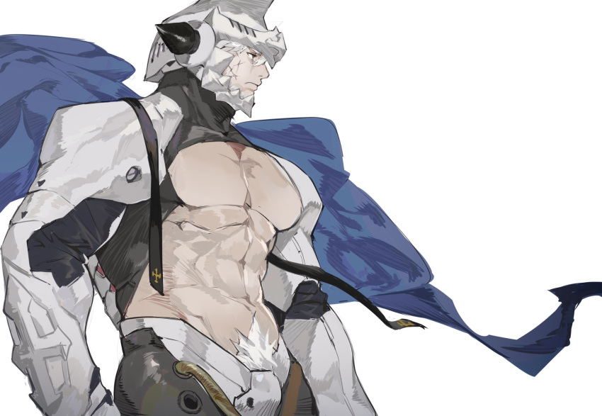 1boy abs bara bare_pectorals blue_cape cape character_request codpiece commentary_request copyright_request cropped_shirt cross_print crotch_plate feet_out_of_frame from_side helmet highres huan_shi_tian_tong large_pectorals looking_to_the_side male_focus male_pubic_hair mature_male muscular muscular_male navel navel_hair no_nipples pectorals pubic_hair pubic_hair_peek revealing_clothes scar scar_on_cheek scar_on_face short_hair sideburns solo stomach undone_necktie white_background white_hair wind