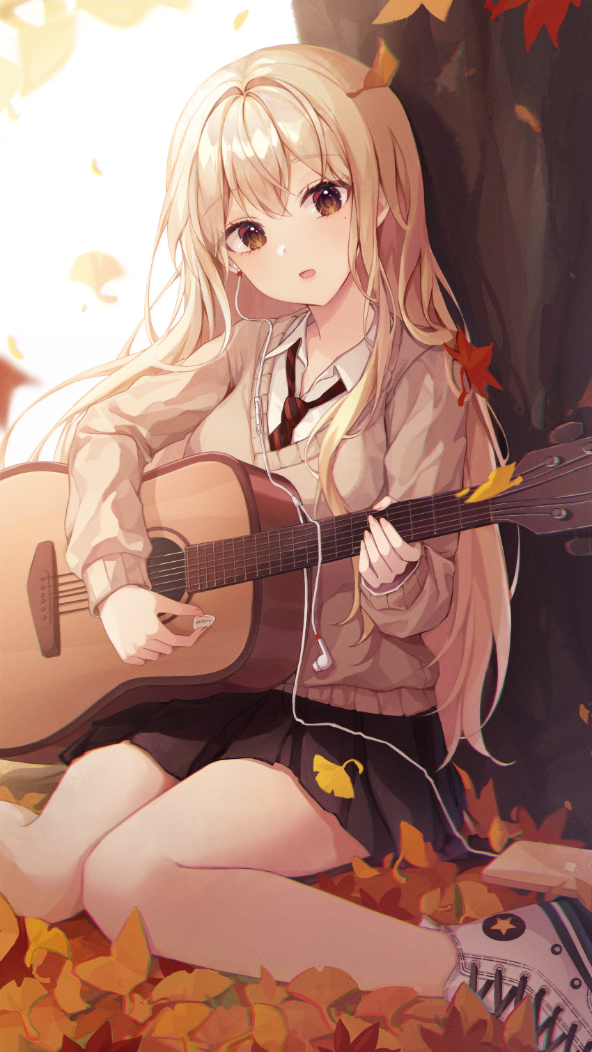 1girl absurdres acoustic_guitar autumn autumn_leaves blonde_hair brown_eyes brown_sweater cellphone collared_shirt commentary_request earphones_removed eunyoo eyebrows_visible_through_hair guitar hair_between_eyes head_tilt highres holding holding_instrument instrument iphone leaf long_hair long_sleeves looking_at_viewer maple_leaf mole mole_under_eye music open_mouth original outdoors phone playing_instrument school_uniform shadow shirt shoes sitting smartphone solo star_(symbol) star_print sweater uniform wind