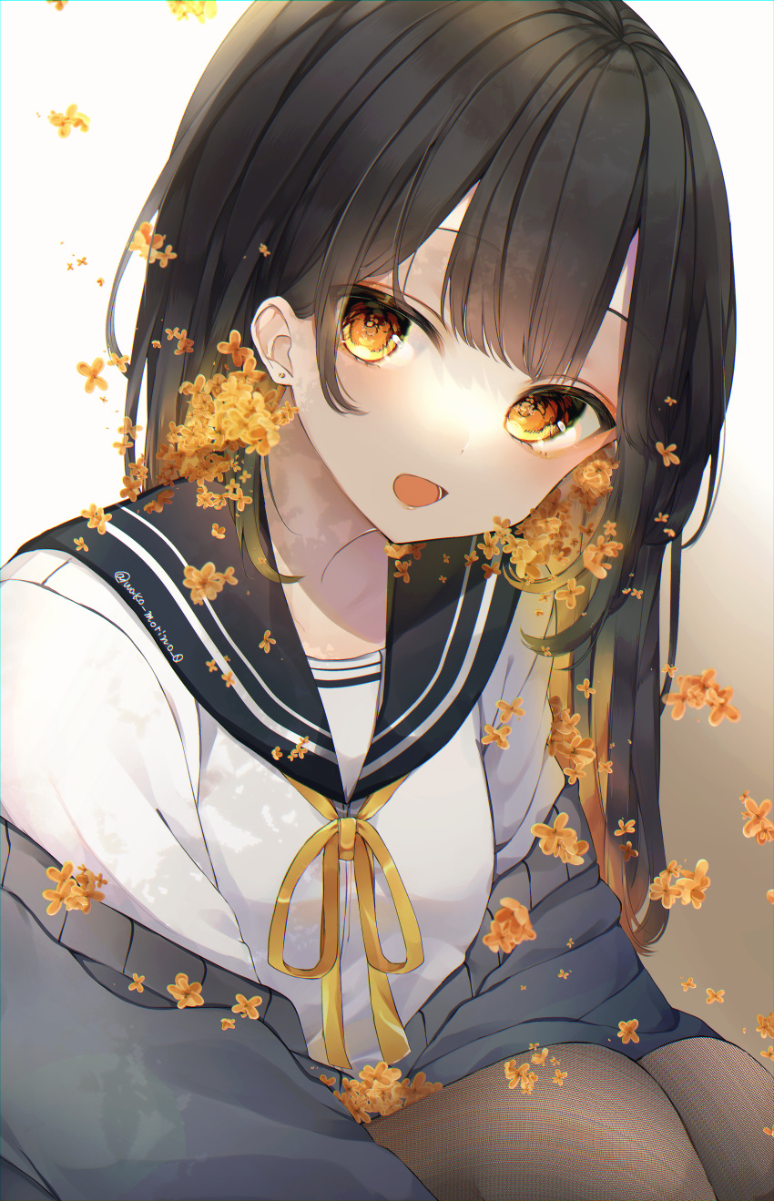 1girl absurdres bangs black_cardigan black_hair black_legwear black_sailor_collar blunt_bangs cardigan earrings flower hair_flower hair_ornament highres jewelry long_hair looking_at_viewer open_mouth original osmanthus pantyhose ribbon sailor_collar school_uniform serafuku shirt short_sleeves solo twitter_username wako_morino white_shirt yellow_eyes yellow_flower yellow_neckwear yellow_ribbon