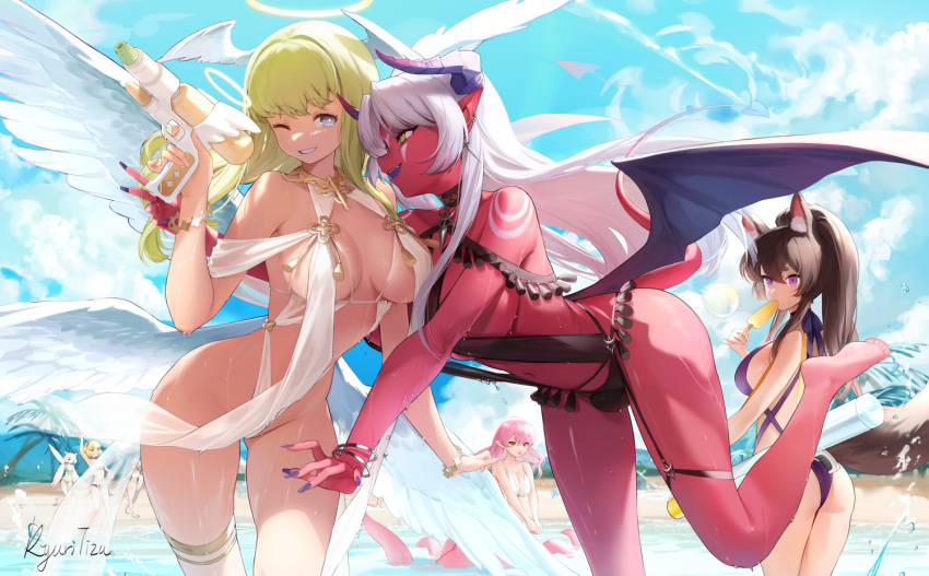 6+girls angel_and_devil animal_ear_fluff animal_ears ass ass_visible_through_thighs bare_arms bare_legs bare_shoulders barefoot bikini black_bikini black_horns blue_eyes bracelet breasts breasts_apart bulge colored_skin commentary demon_girl demon_horns demon_tail demon_wings english_commentary eyebrows_visible_through_hair feet futa_with_female futanari green_eyes halo head_wings high_ponytail horns jewelry kisero_(kyuri_tizu) kyuri_tizu looking_at_another monster_girl multiple_girls navel one-piece_swimsuit one_eye_closed open_mouth original pointy_ears purple_nails red_skin revision smile swimsuit syrene_(kyuri_tizu) tail water wet white_bikini wings