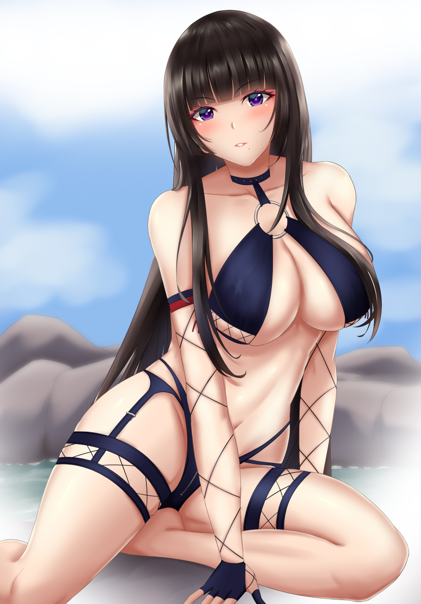 1girl absurdres azur_lane bare_shoulders black_hair blue_gloves blue_swimsuit blush breasts cleavage closed_mouth collaboration collarbone dead_or_alive eyebrows_visible_through_hair fingerless_gloves gloves highres large_breasts long_hair looking_at_viewer mole mole_under_mouth navel nyotengu nyotengu_(scarlet-tinged_hot_spring_vacation)_(doa) purple_eyes sitting solo swimsuit togare underboob water
