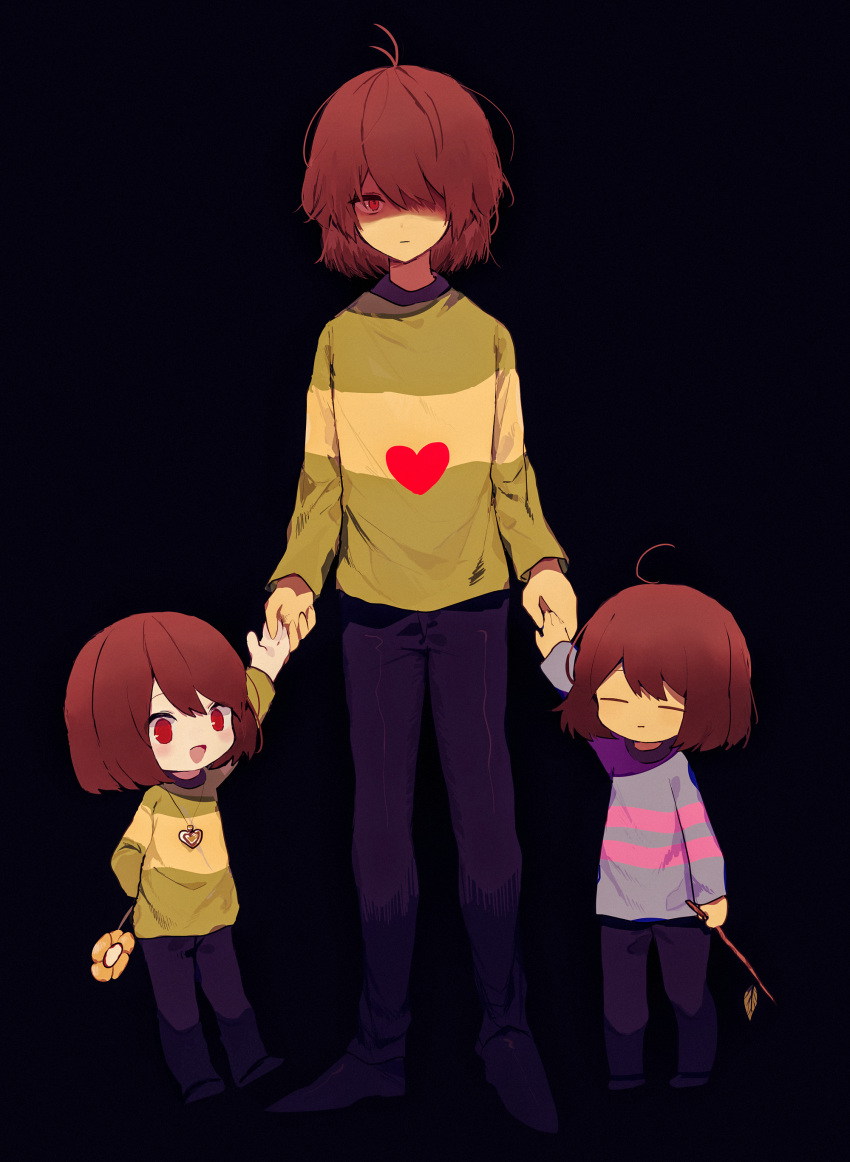 3others :d absurdres bangs black_background black_footwear black_pants blue_sweater brown_hair chara_(undertale) commentary_request deltarune expressionless flower frisk_(undertale) full_body green_sweater heart heart_necklace highres holding holding_flower holding_hands holding_stick kris_(deltarune) long_sleeves looking_at_viewer multiple_others open_mouth pants red_eyes shaded_face short_hair smile stick sweater undertale y_o_u_k_a yellow_flower