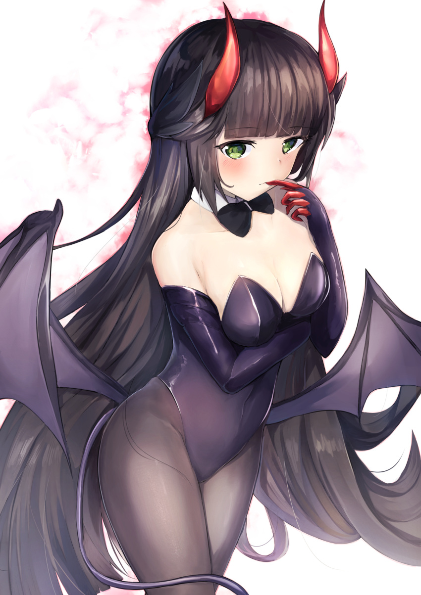 1girl absurdres azur_lane bat_wings black_hair black_legwear breasts cleavage demon_girl demon_tail detached_collar elbow_gloves finger_to_mouth gloves highres horns leotard long_hair nori_aji official_alternate_costume pantyhose playboy_bunny_leotard purple_gloves small_breasts solo strapless strapless_leotard tail very_long_hair wings yura_(are_you_two_succubus)_(azur_lane) yura_(azur_lane)