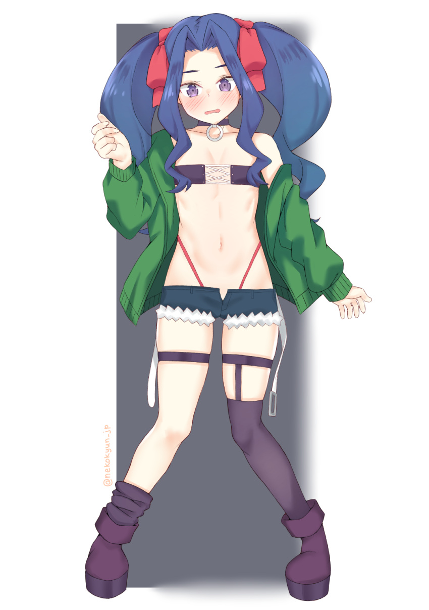 1girl black_footwear black_legwear blue_shorts blush boots cosplay embarrassed flat_chest full_body garter_straps green_jacket hair_ribbon highleg highleg_panties highres jacket kyuukyoku_shinka_shita_full_dive_rpg_ga_genjitsu_yori_mo_kusoge_dattara long_sleeves looking_at_viewer lowleg lowleg_shorts melty_q_melromarc mixed-language_commentary mizarisa mizarisa_(cosplay) navel nekokyun off_shoulder open_clothes open_jacket open_shorts panties red_panties red_ribbon revealing_clothes ribbon shorts sidelocks solo standing stomach strapless string_panties tate_no_yuusha_no_nariagari thigh_strap thighhighs tube_top twitter_username underwear