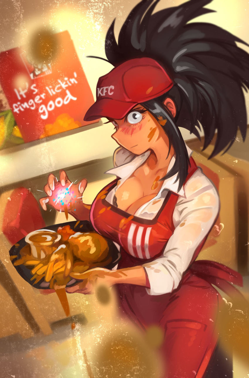 1girl absurdres apron black_hair blush boku_no_hero_academia bra breasts commentary dirty dirty_clothes dirty_face employee_uniform english_commentary fast_food fast_food_uniform food food_on_body food_on_face hat highres kfc khyle. large_breasts looking_at_viewer messy red_apron spill underwear uniform yaoyorozu_momo